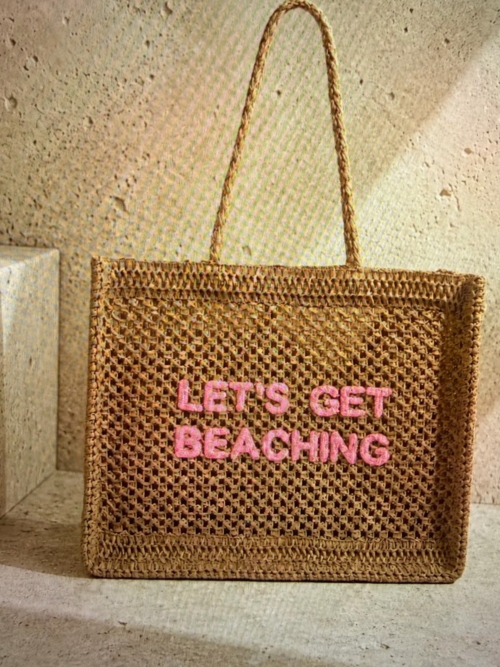 Elan- Woven Straw Beach Bag - Pink Lettering - NEW